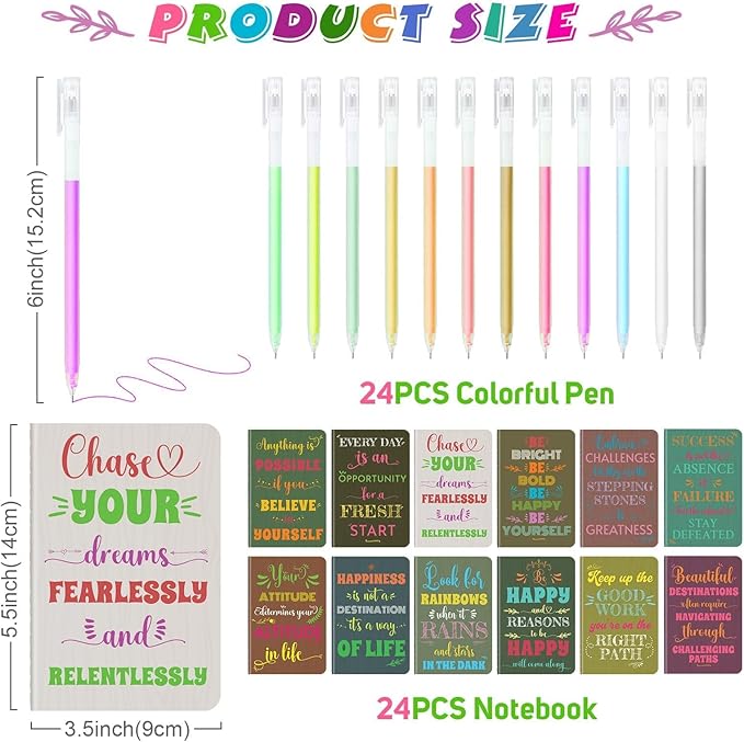 24 Pcs Mini Inspirational Notebooks Bulk with 24 Pcs Colorful Pens, Small Pocket Journal Notepads Set, Motivational Bulk Gifts for Women Men Teacher Student Kids,Fun School Office Supplies,3.5"x5.5"