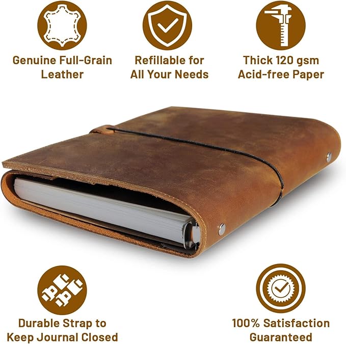 WANDERINGS Refillable A5 Leather Binder Journal - 8.5x6-6 Ring Binder Organizer with Pockets - Hand-Crafted Genuine Leather Folio - Filofax Compatible. 52 Weeks with Notes Section