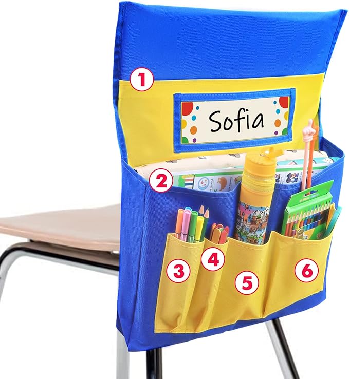 VNOM Chair Back Pocket School Seat Chair Storage Pocket Organizer with Label Slot Multiple Pockets for School Home Classroom Preschool Daycare (Yellow+Blue)