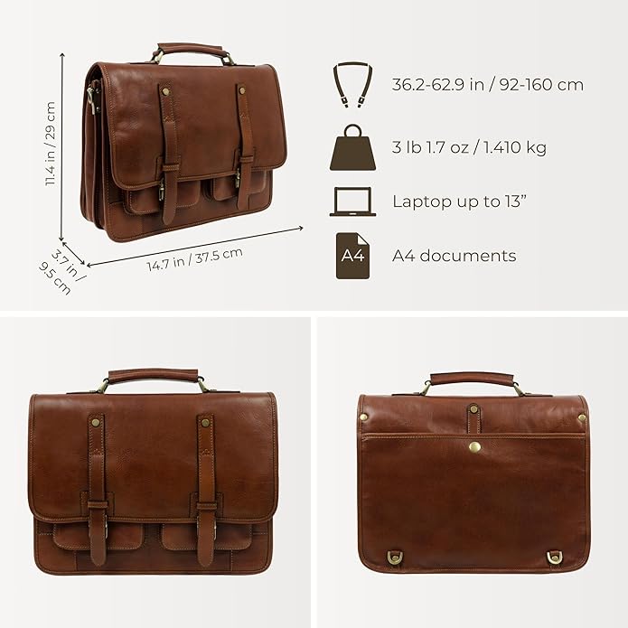 Time Resistance Leather Briefcase for Men - Business Laptop Bag - Italian Handmade Leather Bag - Messenger Bag