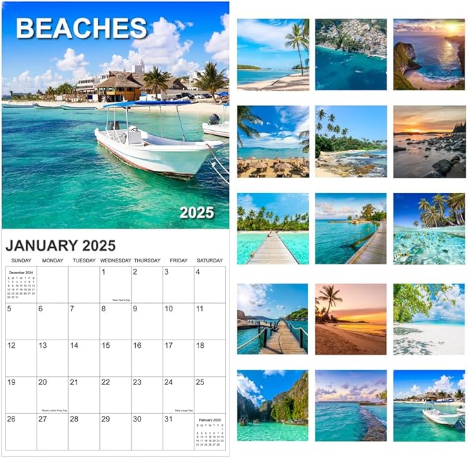 Calendar 2025, Beaches Calendar 2025 from January 2025 - December 2025, 12" x 24" Opened 12 Months Calendar, Full Page Months Thick & Sturdy Paper for Gift Perfect Calendar Organizing & Planning