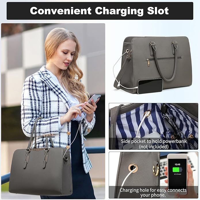 Keyli 4pc Sets Laptop Bag for Women Large Leather Laptop Briefcase with USB Charging Port Computer Shoulder tote Bags Purse