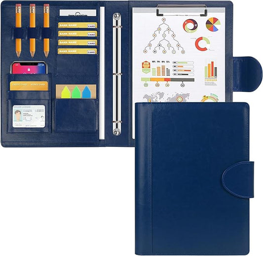 Toplive Padfolio Folder 3 Ring Binder PU Leather Portfolio, Business Interview Resume Portfolio A4/ Letter Size Document Organizer with Clipboard for Women Men, Blue