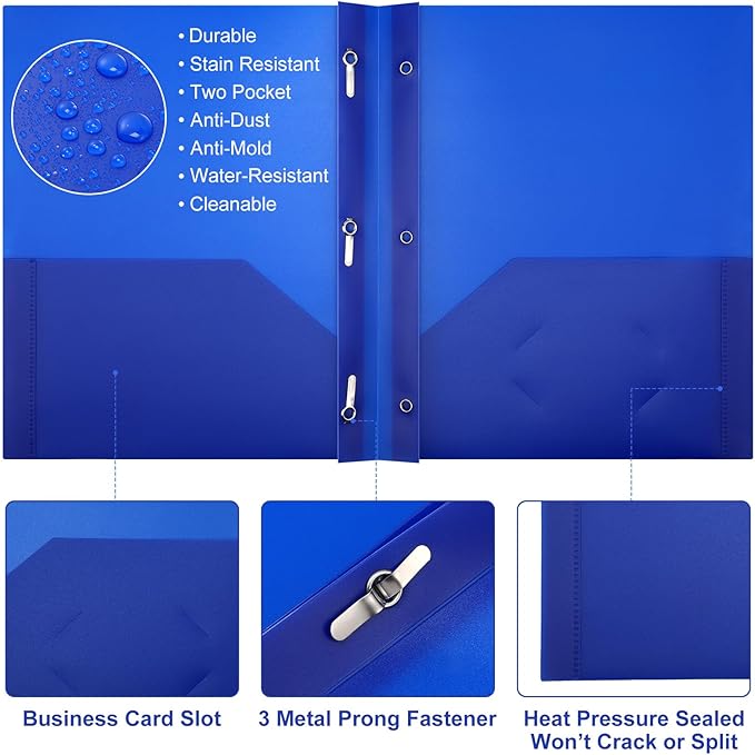 Cholemy 6 Pcs Plastic Pocket Folders with Prong 2 Heavy Duty Pockets Folders with 3 Prongs Letter Size Paper Folders Bulk File Plastic Folders with Fasteners for Office Workers (Blue)