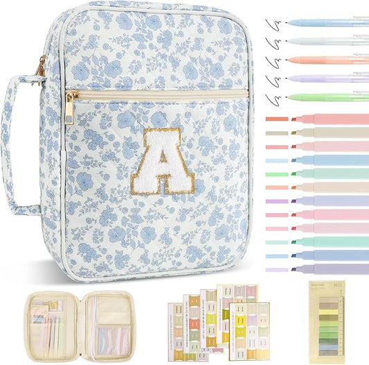 Personalized Initial Bible Cover Case for Women Girls Kid - Large Quilted Bible Case with Handle, Stylish Chenille Letter Bag Study Supplies, Perfect Christmas Gifts for Christians (Blue Flower-A)