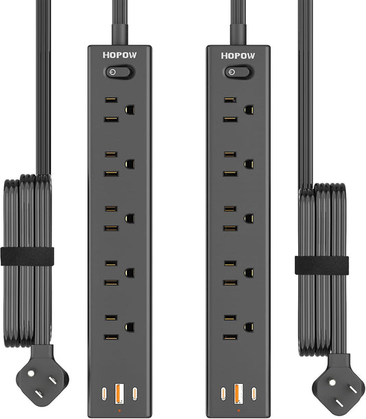 Power Strip Surge Protector, 2 Pack, 10 Ft Ultra Thin Flat Extension Cord, Surge Protector with 5 Outlets & 3 USB Ports (2 USB C), 1700 Joules, 3-Prong, Wall Mount for Home Office Dorm, Black