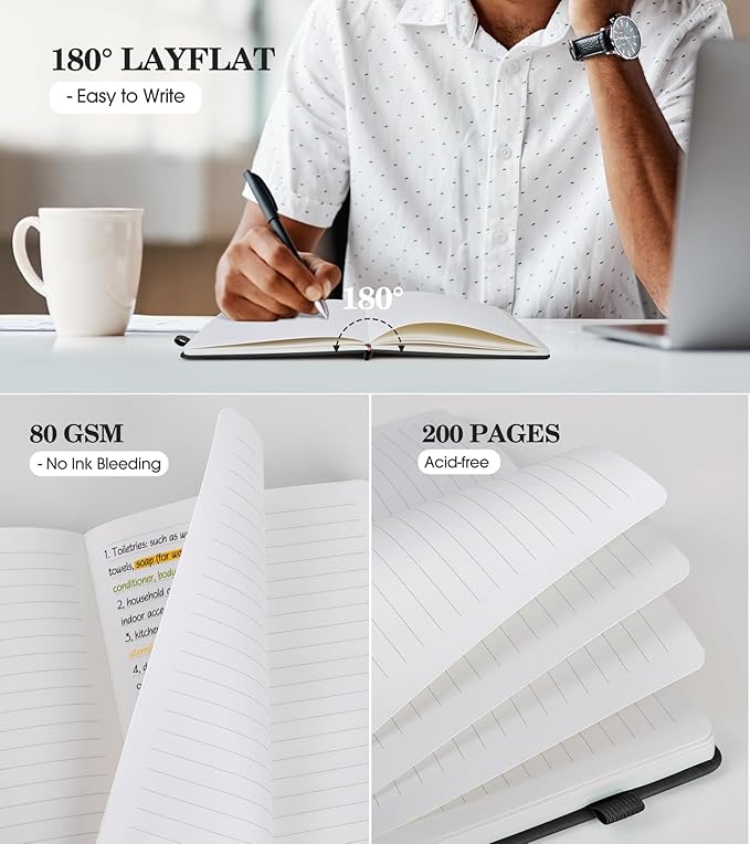 Lined Journal Notebook for Women, A5 Black Hardcover Leather Journals for Writing, 200 Pages Travel Daily Journal,Thick College Ruled Notebook for Work School, Note Taking, Business 5.75'' X 8.38''