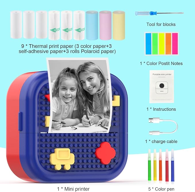 Mini Sticker Printer Building Block Bluetooth Smart Pocket Inkless Thermal Printer with 10 Rolls Paper,Colored Pen＆Sticker for iOS&Android,Portable Receipt Printer for Photo Journal Notes Memo