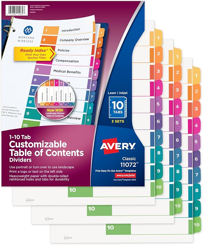 Avery 10 Tab Dividers for 3 Ring Binders, Customizable Table of Contents, Multicolor Tabs, 3 Sets (11072)