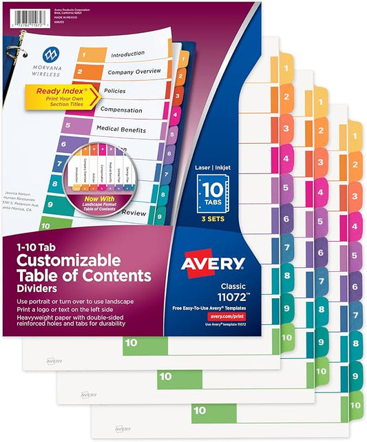 Avery 10 Tab Dividers for 3 Ring Binders, Customizable Table of Contents, Multicolor Tabs, 3 Sets (11072)