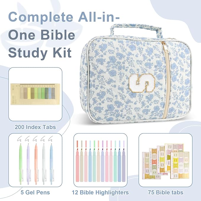 Personalized Initial Bible Cover Case for Women Girls Kid - Large Quilted Bible Case with Handle, Stylish Chenille Letter Bag Study Supplies, Perfect Christmas Gifts for Christians (Blue Flower-S)