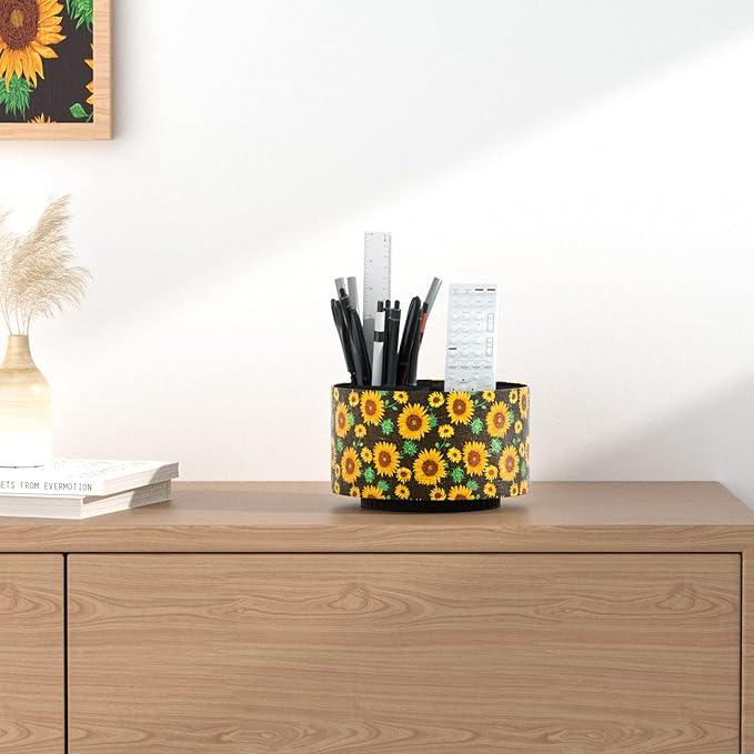 Hennaja Round Leather Art Supply Organizer,Remote Control Holder,360 Degree Rotating,Multi-Functional Pencil Holder,4 Compartments Desktop Stationary Organizer(1-Sunflower)