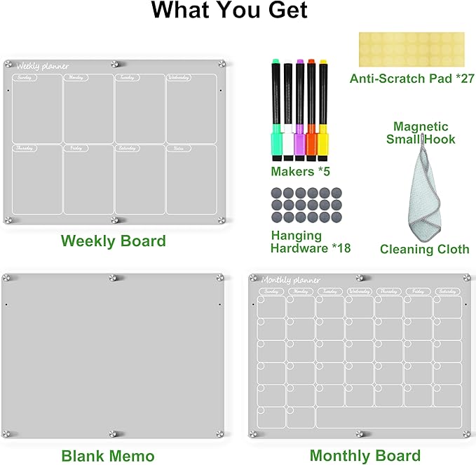 Magnetic Acrylic Calendar for Fridge Magnetic Calendar for Refrigerator, 16"X12" Clear Monthly Weekly Planner 3 Pcs Acrylic Dry Erase Board Magnet Whiteboard