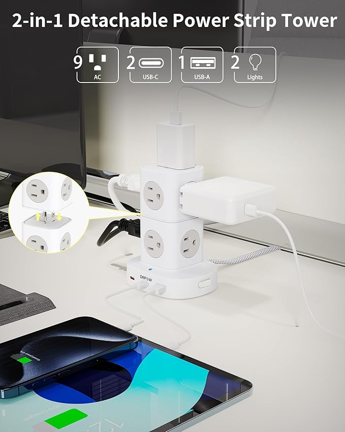 Power Strip Tower, 10 FT Extension Cord with 9 Outlets 3 USB (2 USB C), Surge Protector Tower, Multiple Outlets Power Strip Tower, Ideal for Dorms, Home Office, Travel, Hotels