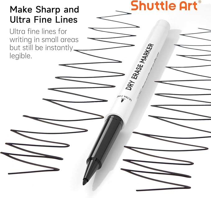 Shuttle Art Ultra Fine Dry Erase Markers, 15 Pack Black Whiteboard Markers with Erase, Dry Erase Markers Perfect For Writing on Whiteboards, Dry-Erase Boards,Mirrors for School Office Home