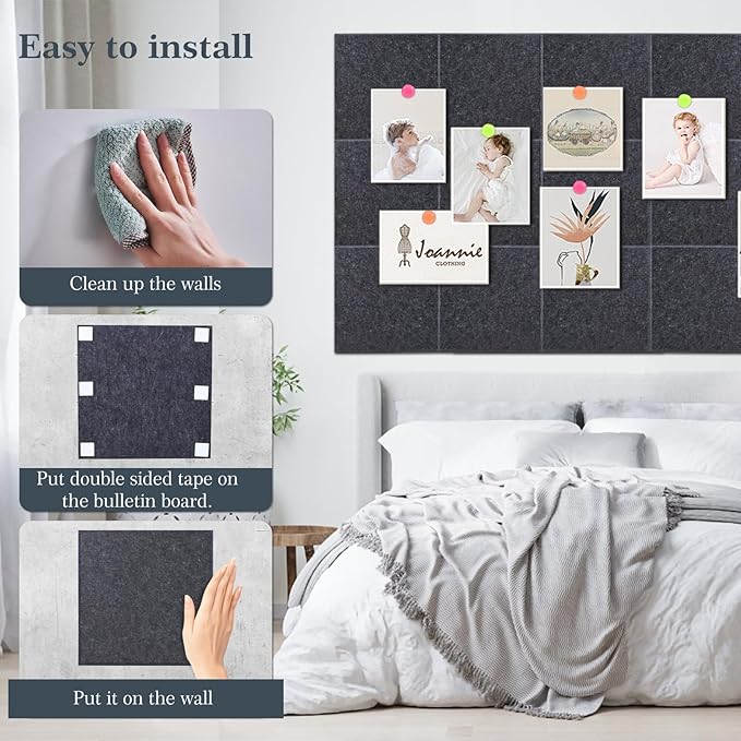 Cork Board 48 x 36, 12 Pack Bulletin Boards for Walls, Large Felt Wall Tiles with Pushpin, Noise Reduction Alternative Cork Board for Office Wall(Gray Black)