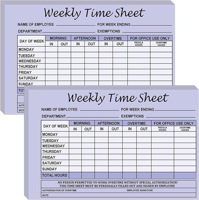 Employee Weekly Time Sheets Weekly Format 2 Part Carbonless 5.5 x 8.26 Inch - Daily Time Sheet Log Book Weekly Format 100 Sets