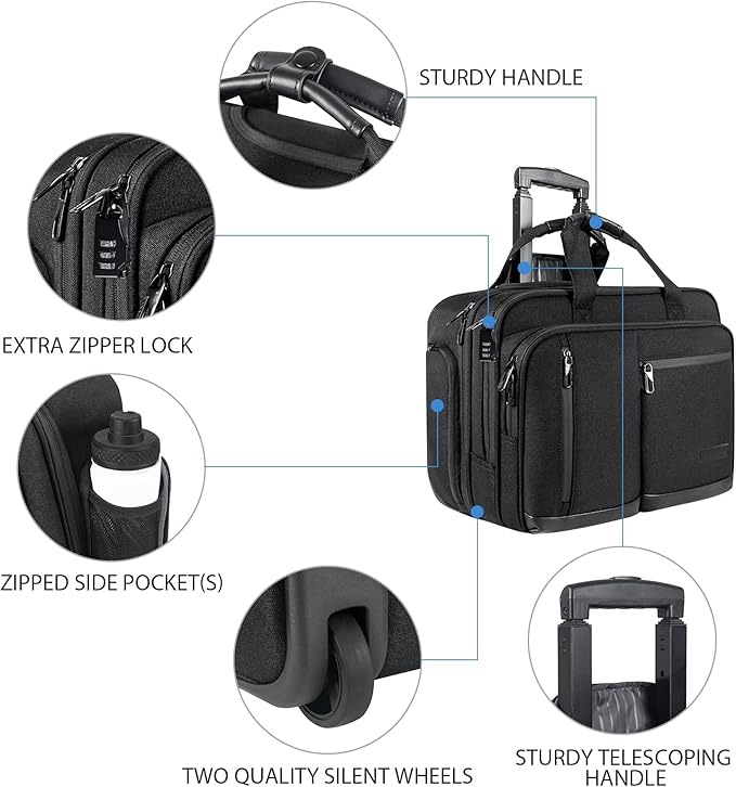 VANKEAN 17.3 Inch Rolling Laptop Bag, Waterproof Overnight Rolling Bags, Laptop Bags for Travel/Work/Business, Stylish Carry on Briefcase, Black