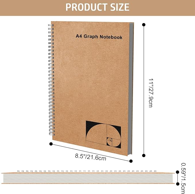 A4 Graph Paper Notebook, 2 Pack Large Spiral Grid Notebook, 200 Pages 100gsm Thick 5mm Square Paper Quad Notebook for Engineering, Math, Taking Notes, Drawing - Kraft Brown Cover, 8.5" x 11"