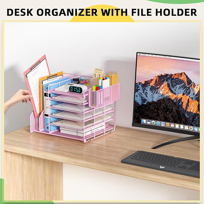 File Organizer for Desk, 6 Tier Desk Organizer Paper Tray with File Holder Pen Holder, Mesh Office Desk Accessories & Workspace Organizers (Pink)