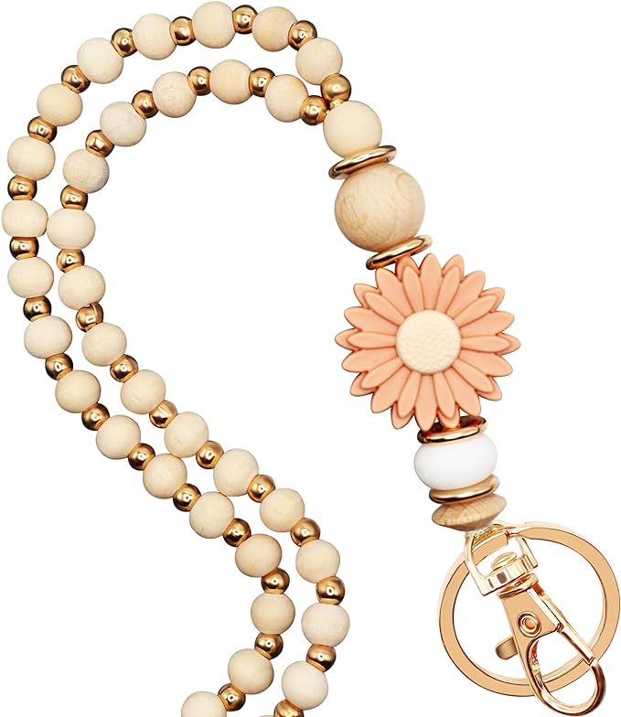 Wooden Teacher Lanyards for Id Badge Cute Flower Wood and Gold Beaded Lanyards for Women for Nurse Badge