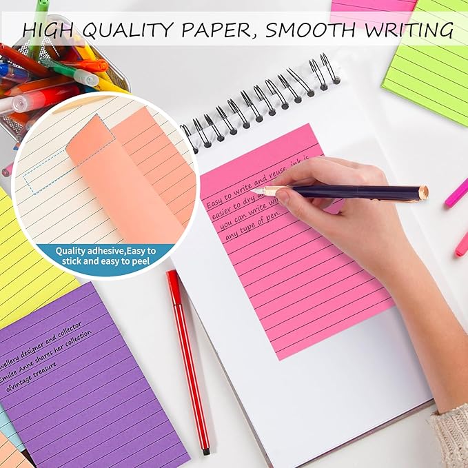 Lined Sticky Notes 4x6, 8 Pads, Sticky Notes with Lines Self-Stick Note Pads, Large Sticky Notes 8 Bright Colours, Perfect for Office Home School Desk Accessories, 40 Sheets/pad