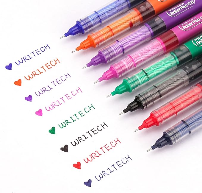 WRITECH Liquid Ink RollerBall Pens Quick Dry Ink 0.5 mm Extra Fine Point Pens 8 Pcs Rollering Pens Assorted Colors Ink for Writing, Taking Notes & Sketching (Multicolor)