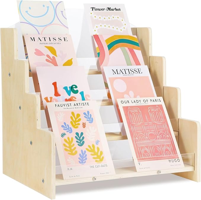 Greeting Card Display Stand , Acrylic Sticker Display Holder for Vendors, Counter Retail Display Rack , 4-Tiered Wooden/Acrylic Display stand for postcard /Brochure/Photos/Picture