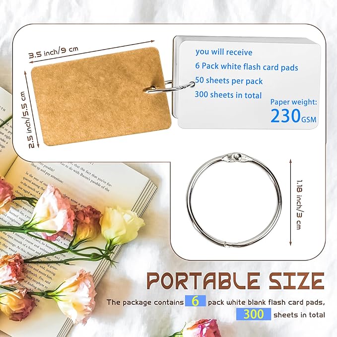 MotBach 300 Sheets White Blank Flash Cards with Binder Rings,3.5 x 2.2 Inch Index Cards, Small Note Cards Study Cards Learning Cards Kraft Paper Cards, Easy Flip Mini Index Note Flashcards (6 Pack)