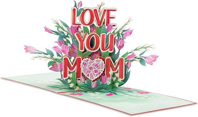 Love You Mom Pop Up Card, Flower, Heart Shaped Symbol, Gift For Birthday, Mothers Day, Anniversary, Valentines Day, Mom, Godmother, Mother in Law, 5x7 - Includes Envelope And Message Note