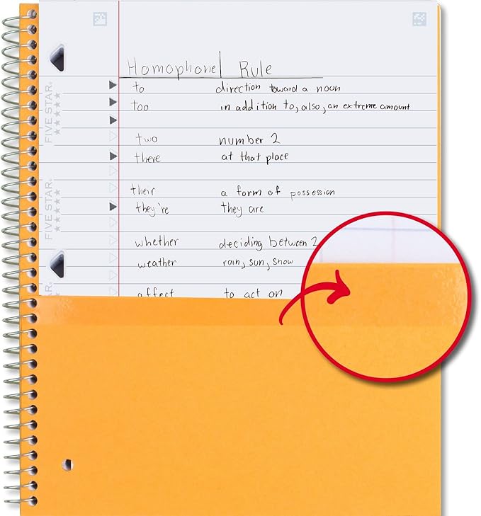 Five Star Spiral Notebook + Study App, 5 Subject, Wide Ruled Paper, Fights Ink Bleed, Water Resistant Cover, 8" x 10-1/2", 200 Sheets, Fire Red (72041)