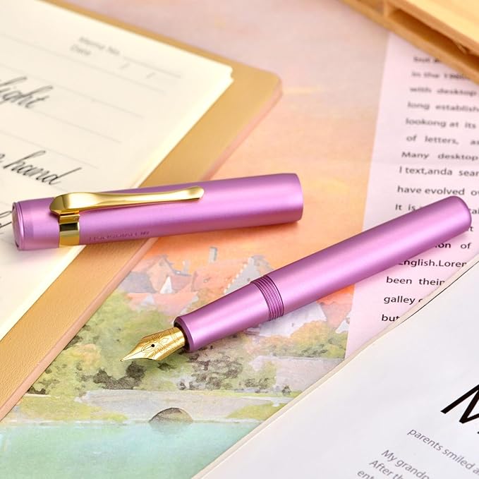 Hongdian M2 Black Forest Mini Fountain Pen, Fine Soft Golden Nib & Sleek Shape Aluminium Short Pocket Travel Pen (Lilac Purple)