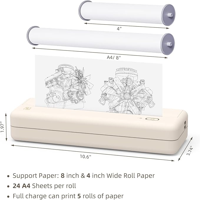 HPRT Portable Printers Wireless for Travel - MT810 Bluetooth Thermal Inkless Compact Printer, Paper Rolls Mobile Printing for Vehicles Office, Compatible with iPhone Android & Laptop