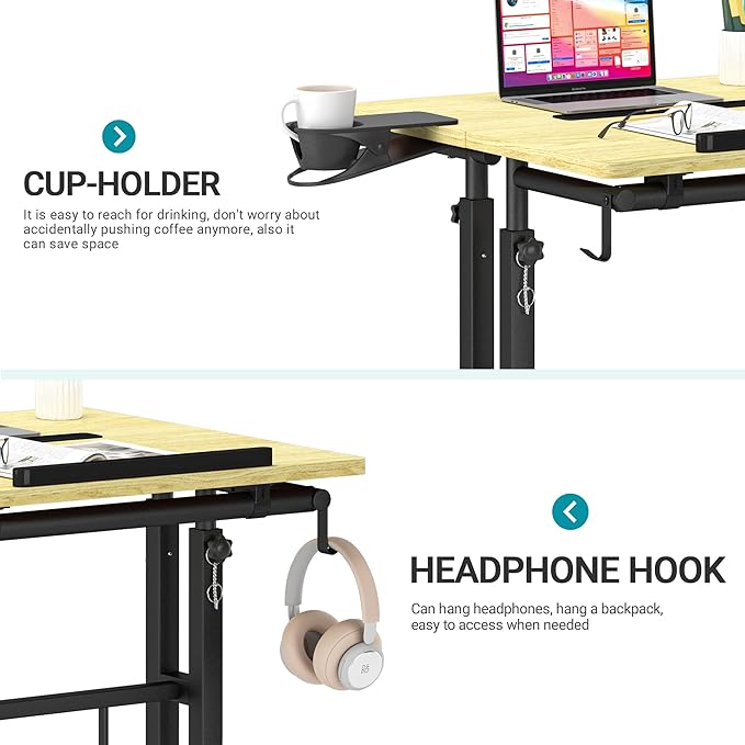 Klvied Stand Up Desk on Wheels, Portable Computer Desk for Home Office,Rolling Desk for Laptop with Removable Cup Holder, Adjustable Laptop Cart for Standing or Sitting,Natural