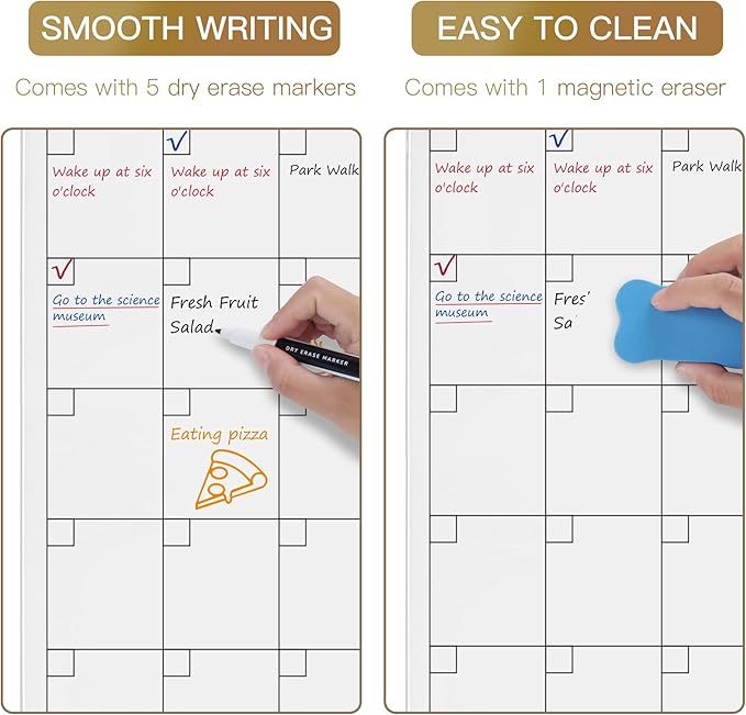 SELEAD Magnetic Glass Whiteboard Monthly Planner - 32”x24” Large Wall Calendar Dry Erase White Board, TODO Memo Bulletin Board for Home School Office - White&Gold