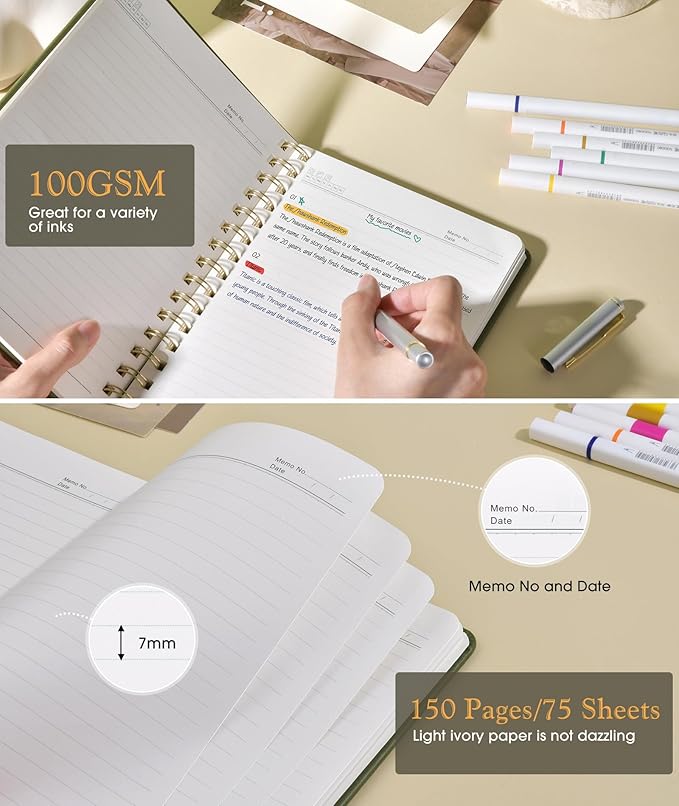 Lined Spiral Journal Notebook, A5 Hardcover Spiral Journals for Women Men, 150 Numbered Pages Spiral Bound Notebook, 100 GSM College Ruled Notebooks for Writing Note Taking 5.75" x 8.38", Olive Green