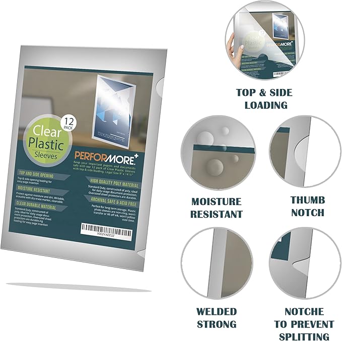 Performore 12 Pack of Clear Project Pocket Sleeves, 9" X 14.5" Legal Size Transparent Plastic Folder Protectors for Documents, Files and Papers, Premium Quality