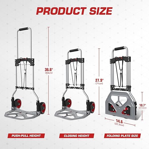 DNA MOTORING Folding Hand Truck, 176lbs Capacity Foldable Dolly Cart for Moving Heavy Loads, Collapsible Hand Truck, w/Telescopic Handle, Bungee Cord, Red, TOOLS-00744