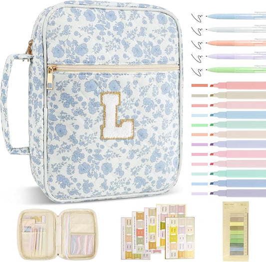 Personalized Initial Bible Cover Case for Women Girls Kid - Large Quilted Bible Case with Handle, Stylish Chenille Letter Bag Study Supplies, Perfect Christmas Gifts for Christians (Blue Flower-L)