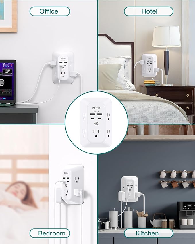 Outlet Extender Surge Protector - Addtam 5-Outlet Splitter with 4 USB Wall Charger(PD 30W), Multi Plug Wall Outlet Power Strip for Home, Dorm Room Essentials