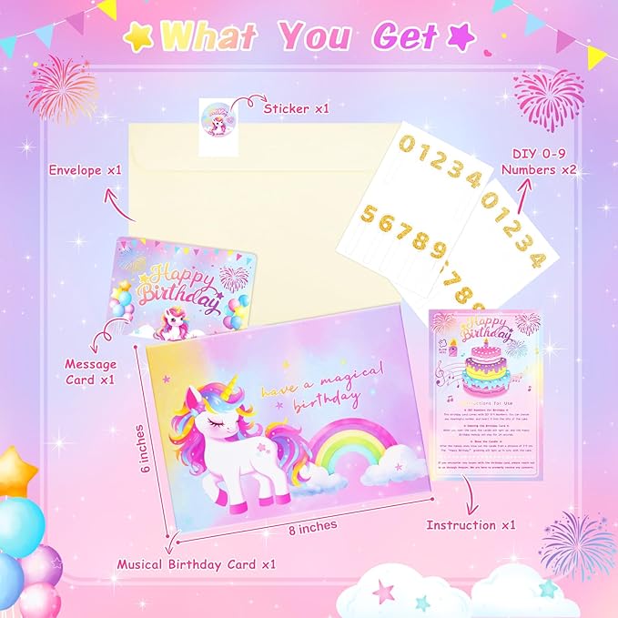 Pop Up Birthday Card with Light & Music, Unicorn 3D Birthday Card, Fireworks Birthday Card for Women Kids Girls Daughter, 3D Cake Greeting Crad with Blowable Candle Sticker DIY Numbers