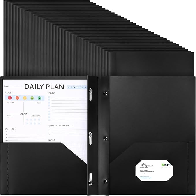 Cholemy 36 Pcs Plastic Pocket Folders with Prong 2 Heavy Duty Pockets Folders with 3 Prongs Letter Size Paper Folders Bulk File Plastic Folders with Fasteners for Office Workers (Black)