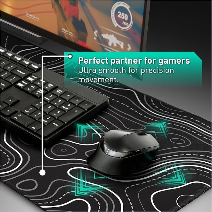 Minimalist Topographic Map Mouse Pad - Contour Extended Large Stitch Edge Mousepad. Black & White Non-Slip XXL Gaming Desk Mat