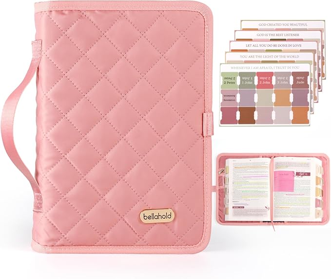 Adjustable Bible Cover with 75 Bible Tabs - Bible Cover Case for Women，Waterproof, Washable Quilted Bible Case，Reusable Christian Gifts for Women (Pink, XL)