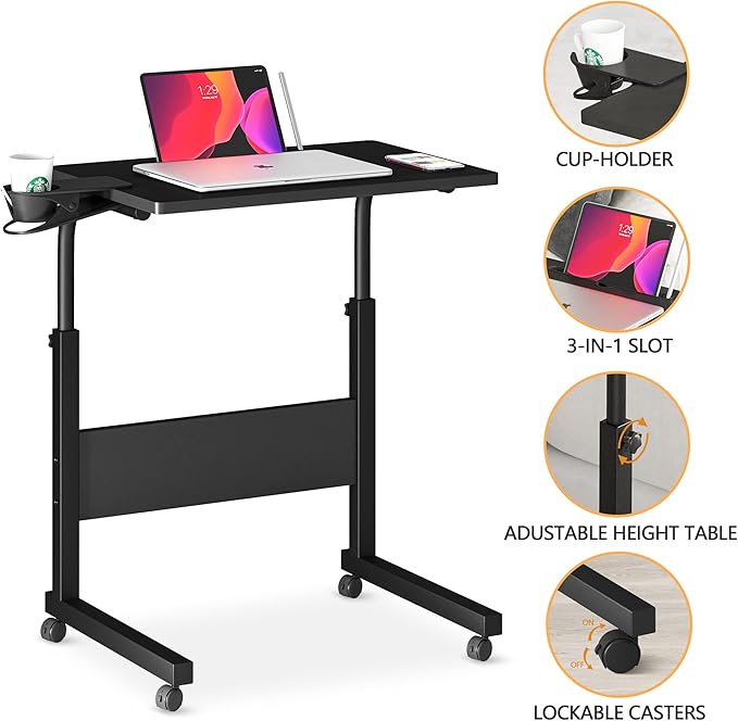 Klvied Standing Desk Adjustable Height, Stand Up Desk with Cup Holder, Portable Laptop Desk, Mobile, Small Computer Desk, Bedside Table, Black Rolling Desk, Work Desk for Home Office