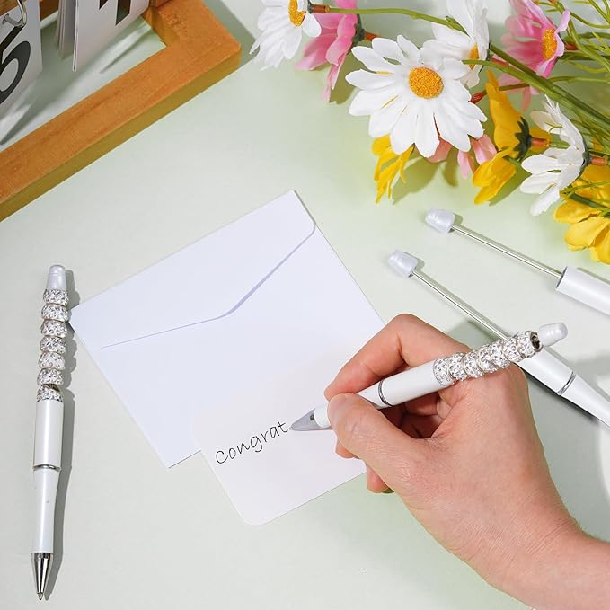 jiebor 20Pcs White Beadable Pens Plastic Bead Ballpoint Pens Bulk with 50Pcs Black Ink Cute Cool Diy Pens for Journaling Women Teacher Graduation Christmas Gift Office Supplies