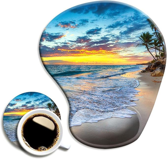 DOOKE Ergonomic Mouse Pad with Wrist Support and Coaster,Mouse Pads with Non-Slip PU Base for Home Office Working Studying Easy Typing & Pain Relief Natural Beach