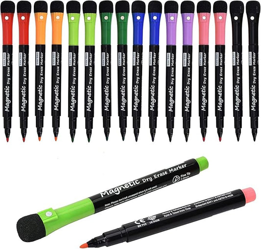 Magnetic Dry Erase Markers, Fine Tip Low Odor Whiteboard Markers for Kids & School, Work On White board & Calendar, Refrigerator (16 Pack)