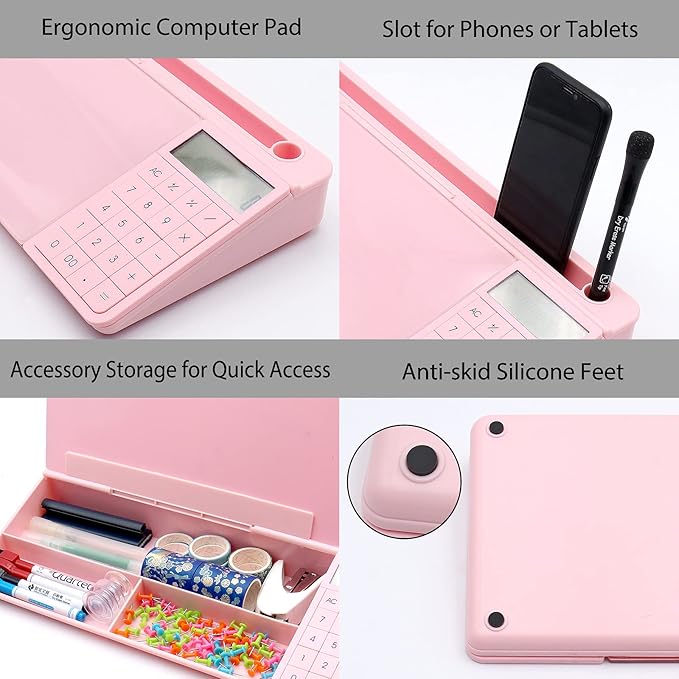 TOWON Desk Dry Erase Board with Detachable Calculator, Small Glass Desktop Whiteboard, Desktop whiteboard - Glass Dry Erase White Board- Desk Computer Buddy for Home Office Supply, Pink, 17 x 6 in