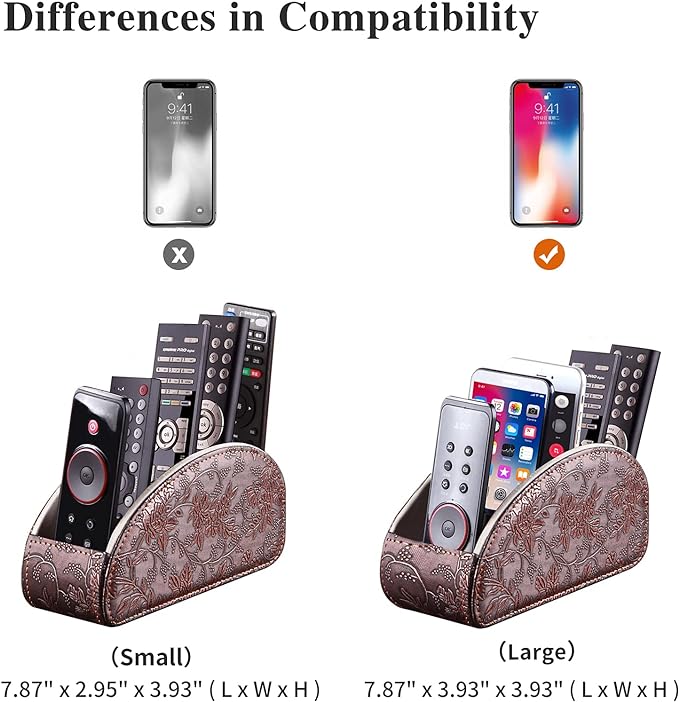 YAPISHI All-in-One Leather Brown TV Remote Holder with 5 Compartments Nightstand Desktop Media Player Remote Caddy Storage Box Organizer Tray for Mobile Office Phone Controller